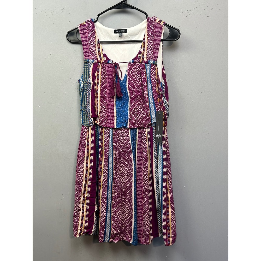 AS U WISH Boho Tribal Print Sleeveless Tassel Tie Neck Mini Dress Womens Small